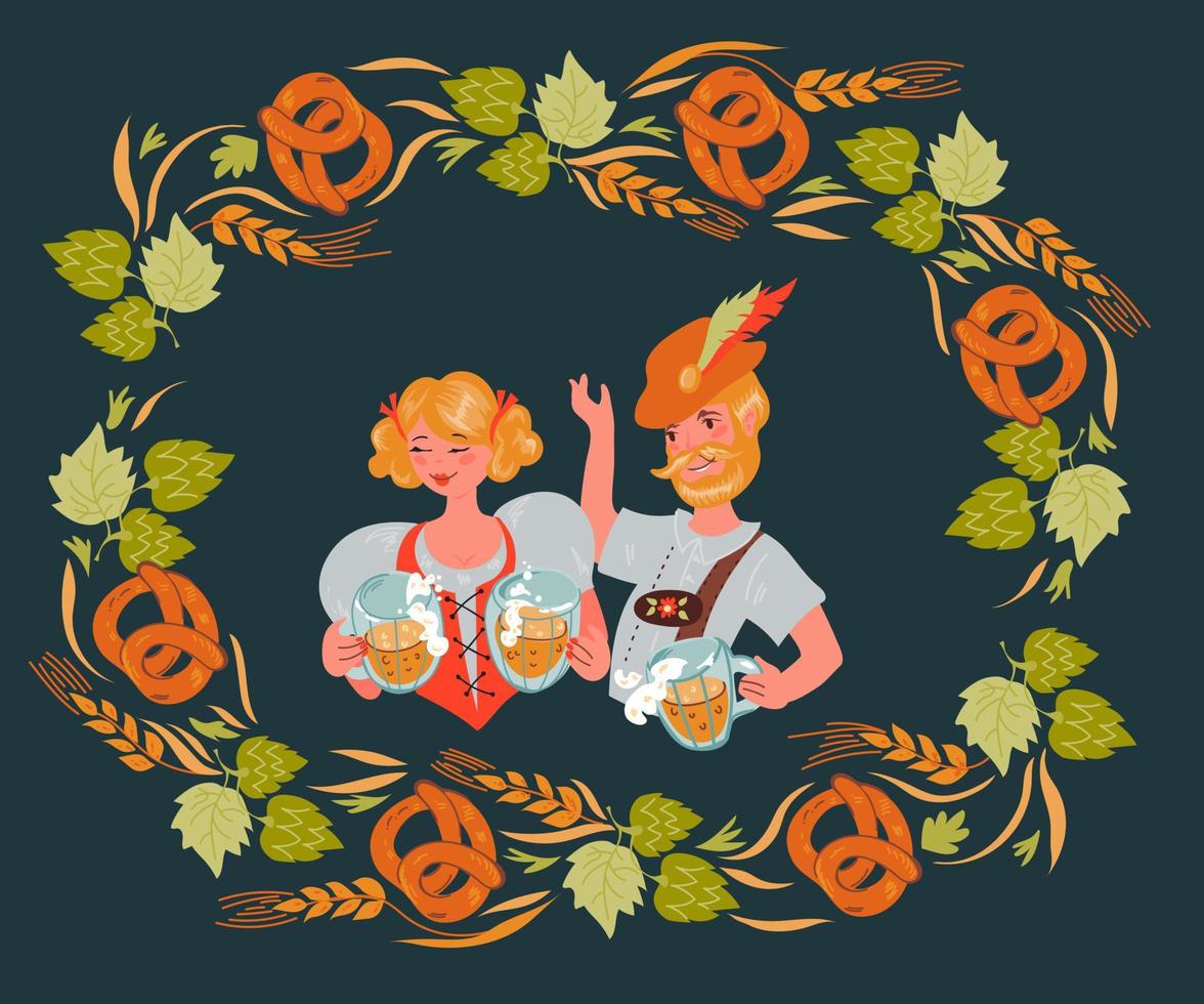 coppia di uomo e donna in costume tradizionale tedesco con boccali di birra oktoberfest e cornice con pretzel e foglie di luppolo piatto illustrazione vettoriale. vettore