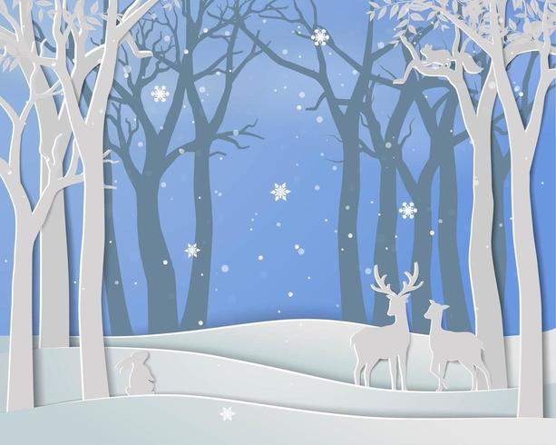 Buon anno e buon Natale con la famiglia dei cervi nella stagione invernale vettore