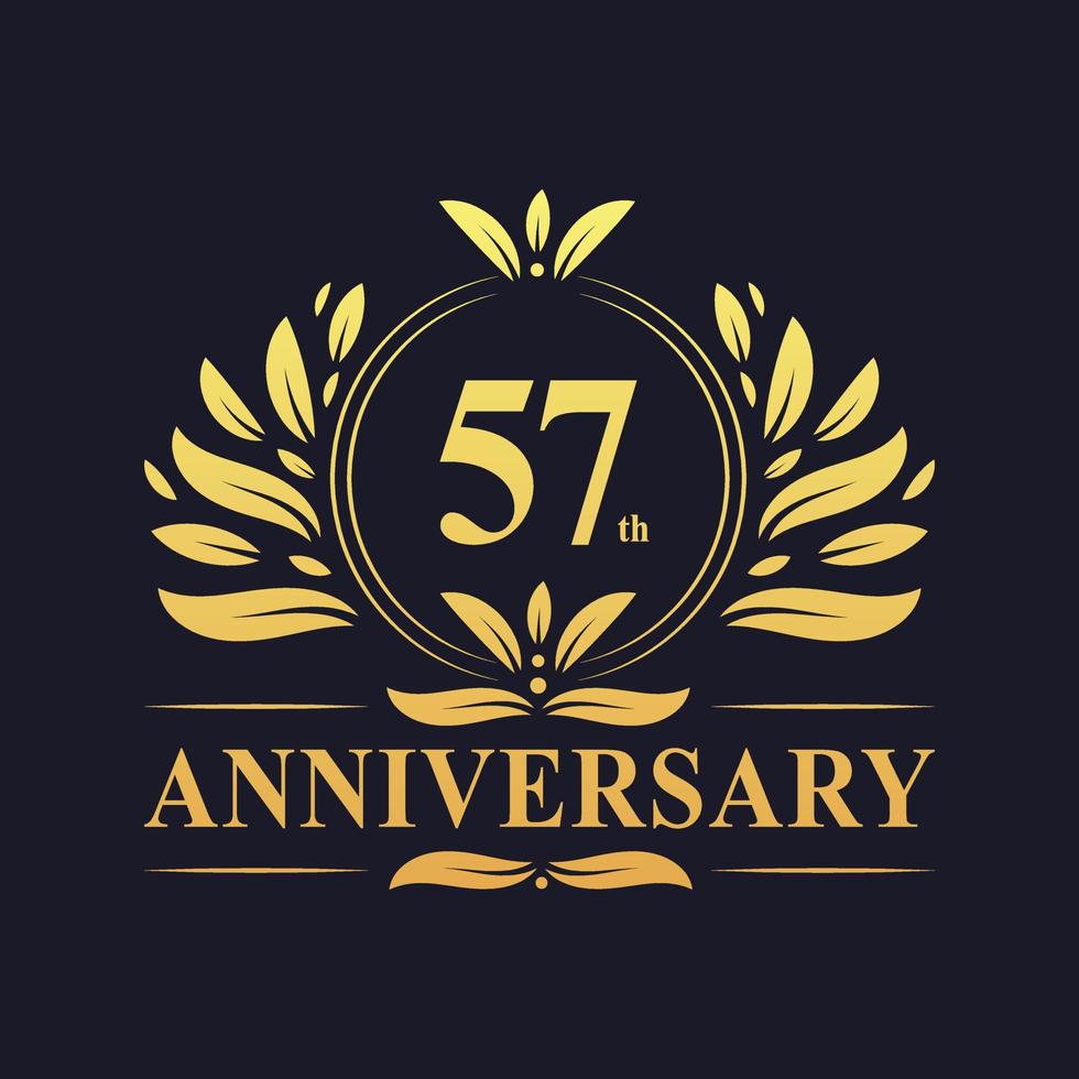 Design per il 57° anniversario, lussuoso logo dell'anniversario di 57 anni di colore dorato. vettore