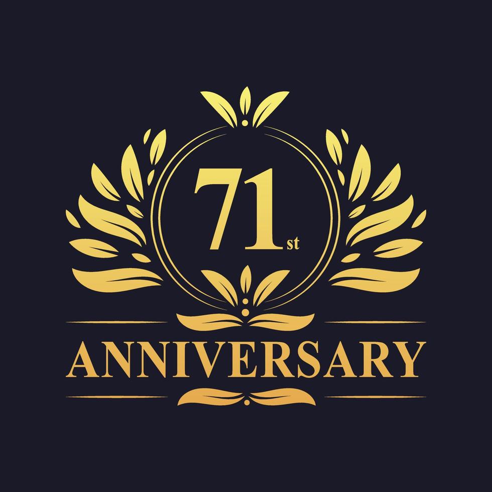 Design per il 71° anniversario, lussuoso logo dell'anniversario di 71 anni di colore dorato. vettore
