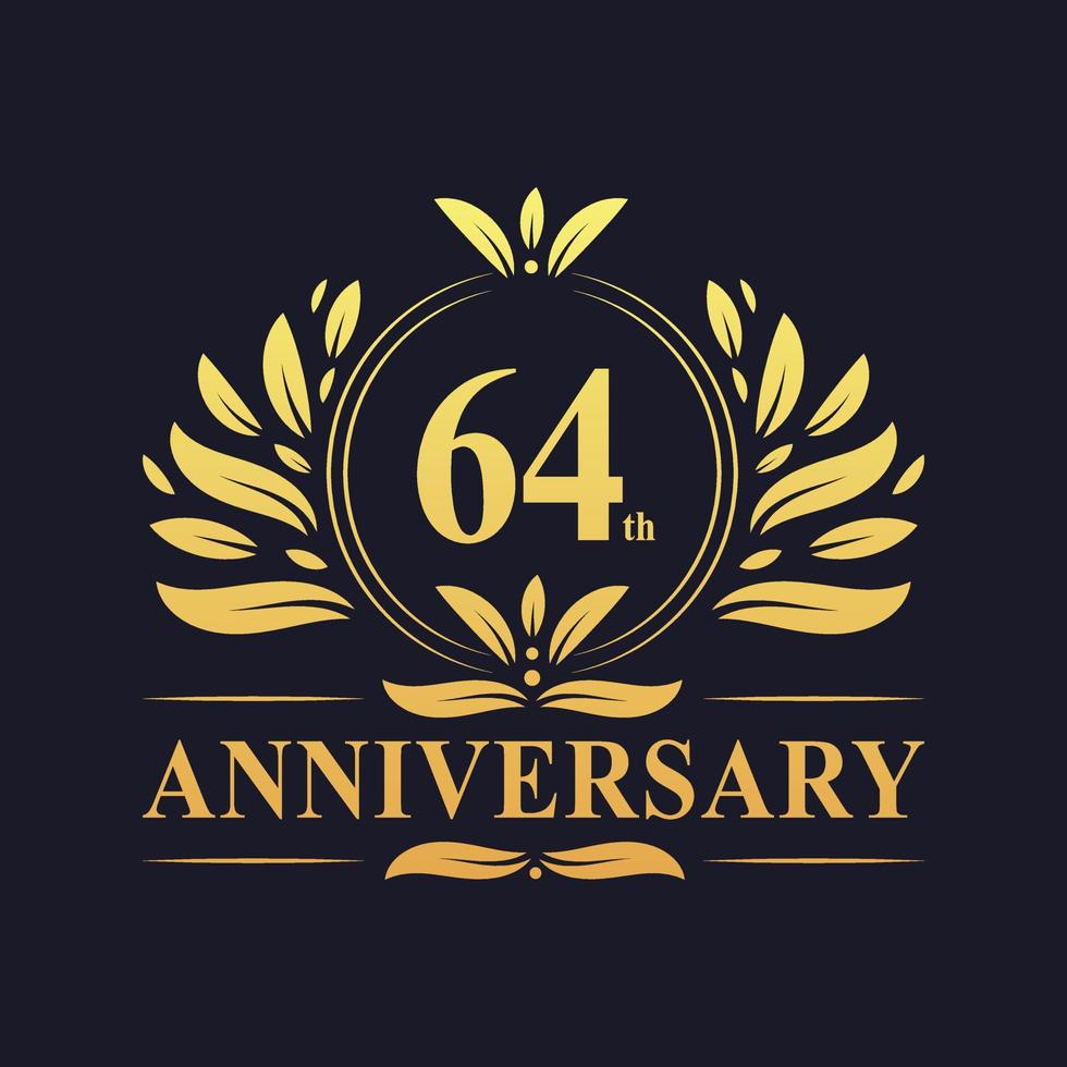 Design per il 64° anniversario, lussuoso logo dell'anniversario di 64 anni di colore dorato. vettore