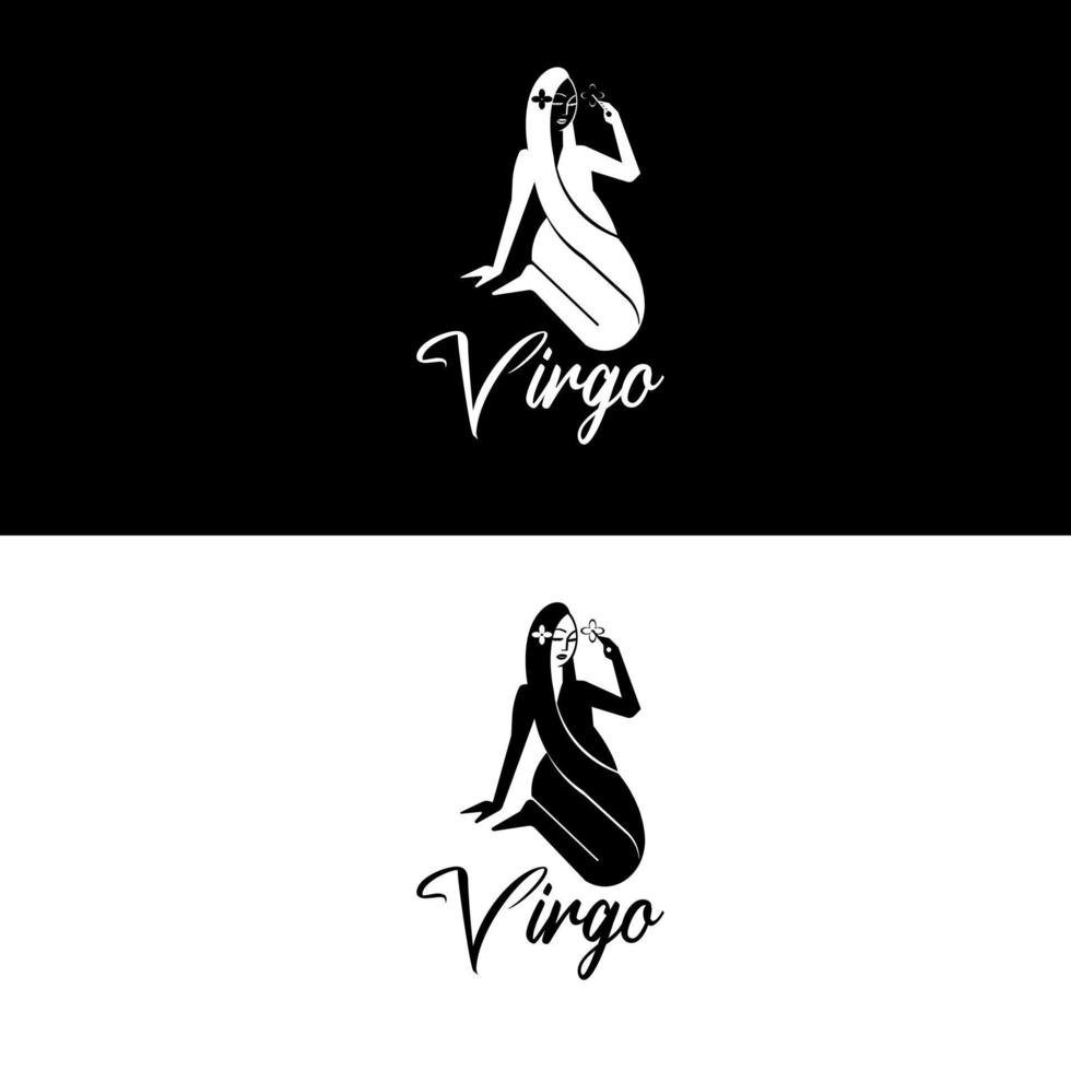 bella ragazza silhouette con fiore ai capelli per segno zodiacale vergine e retrò stile vintage donna corpo spa pelle bellezza cura moda logo design vettoriale