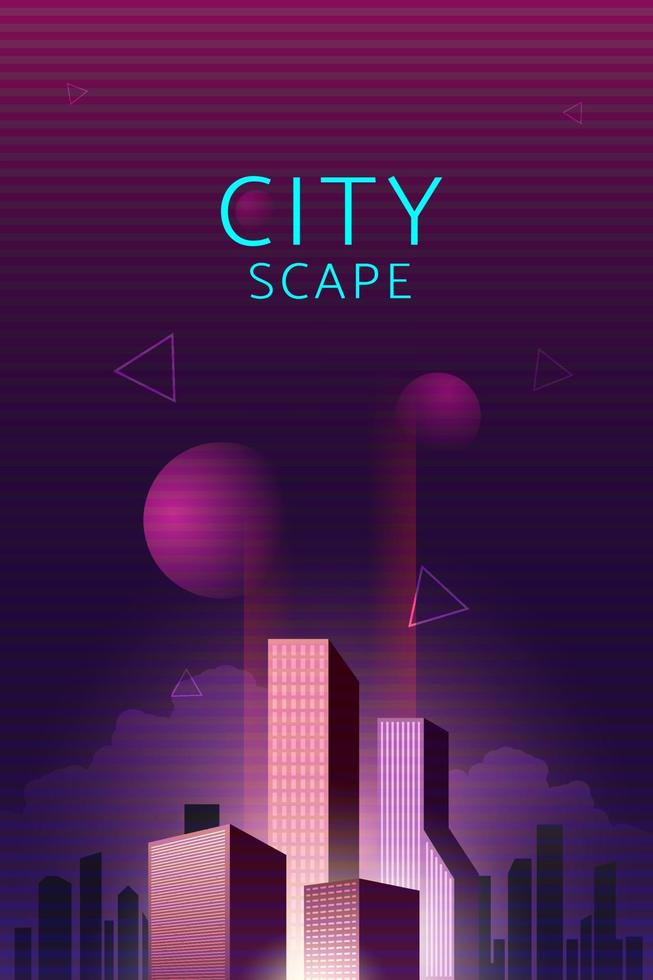 città metaverso virtuale, centro, grattacieli, cyberspazio e pianeti. vettore