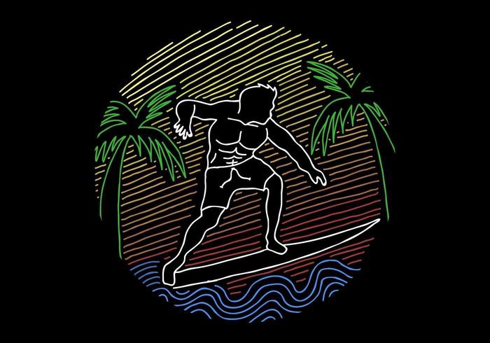 Illustrazione d&#39;annata praticante il surfing di arte di linea vettore