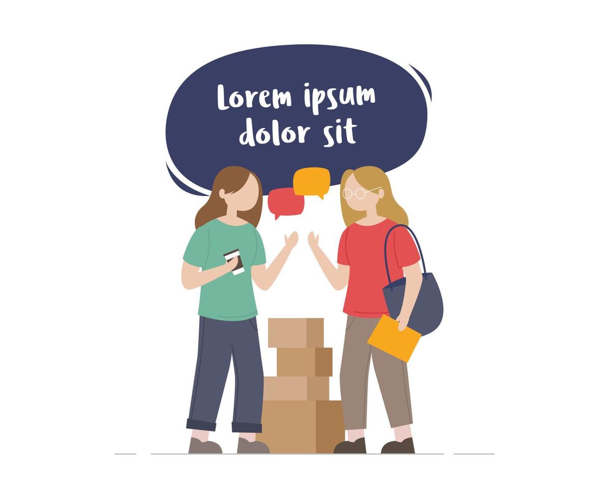 due amiche che parlano di affari. persone che parlano e pensano. la giovane donna impara a fare affari con i suoi amici. illustrazione di brainstorming per il tuo design vettore