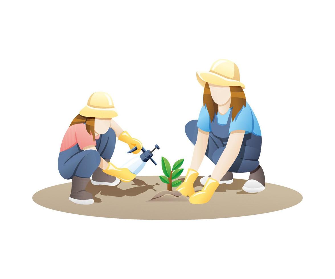 illustrazione vettoriale donna e ragazza che fanno giardinaggio insieme