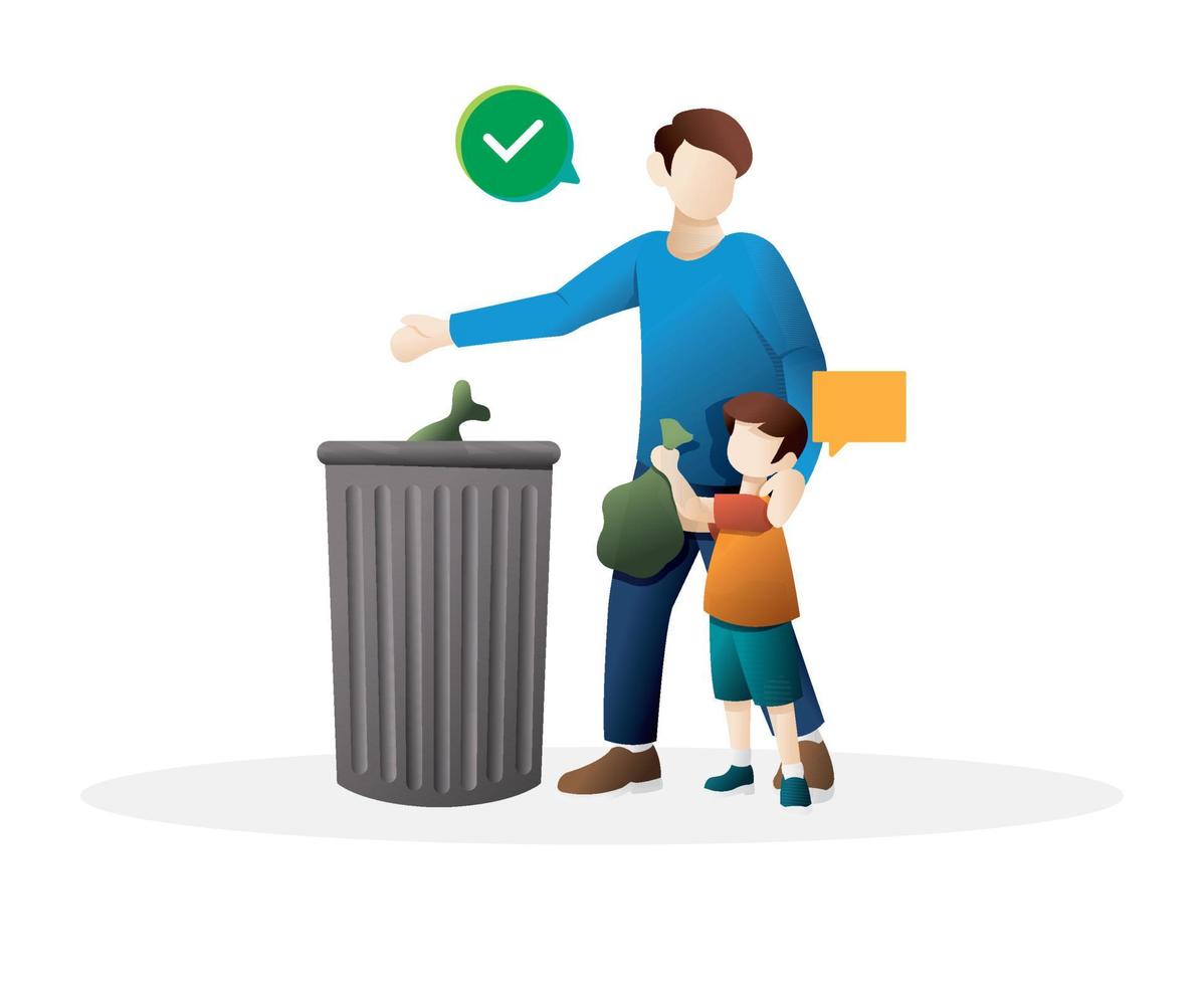 padre e figlio gettano insieme la spazzatura in un bidone della spazzatura vettore