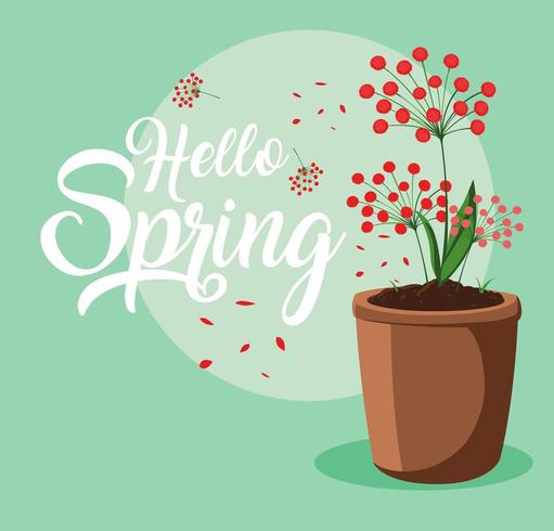 ciao carta di primavera con bellissimi fiori in vaso vettore