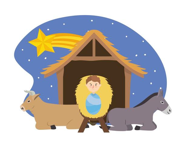 Gesù tra asino e mulo nella mangiatoia con stella vettore