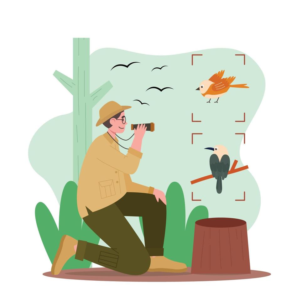 birdwatcher nella foresta vettore