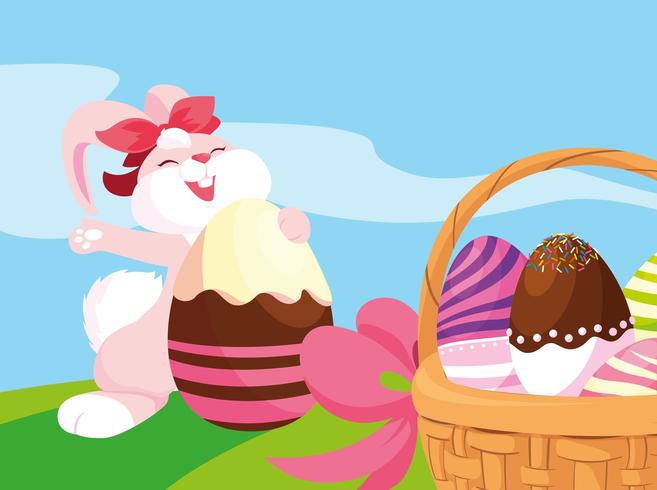 coniglio femminile e cesto di uova di Pasqua decorate con caramelle vettore