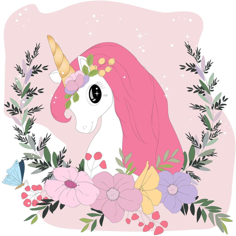 Simpatico cartone animato pastello unicorno in pastello colorato fiore vettore