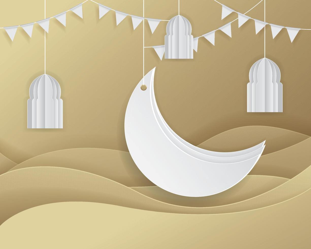 grafica su carta di decorazione islamica. sfondo ramadan mezzaluna islamica, luna crescente e ornato arabo. illustrazione vettoriale