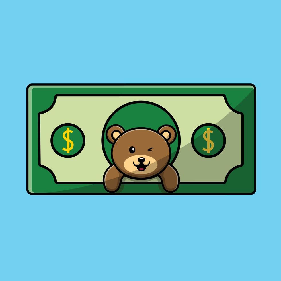 carino orso sui soldi fumetto icona vettore illustrazione. concetto di icona di finanza animale isolato vettore premium. stile cartone animato piatto