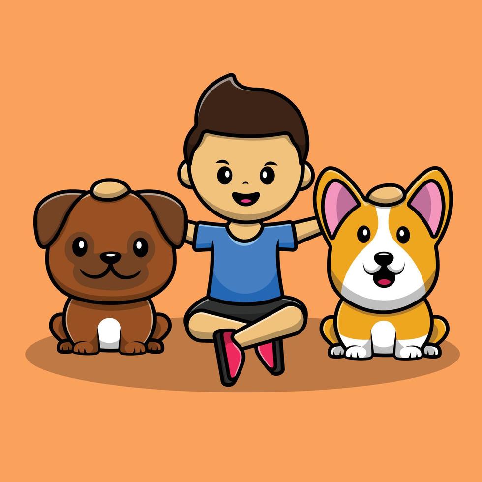 ragazzo carino con cane carlino e cane corgi cartone animato icona vettore illustrazione. concetto di icona di persone animali isolato vettore premium