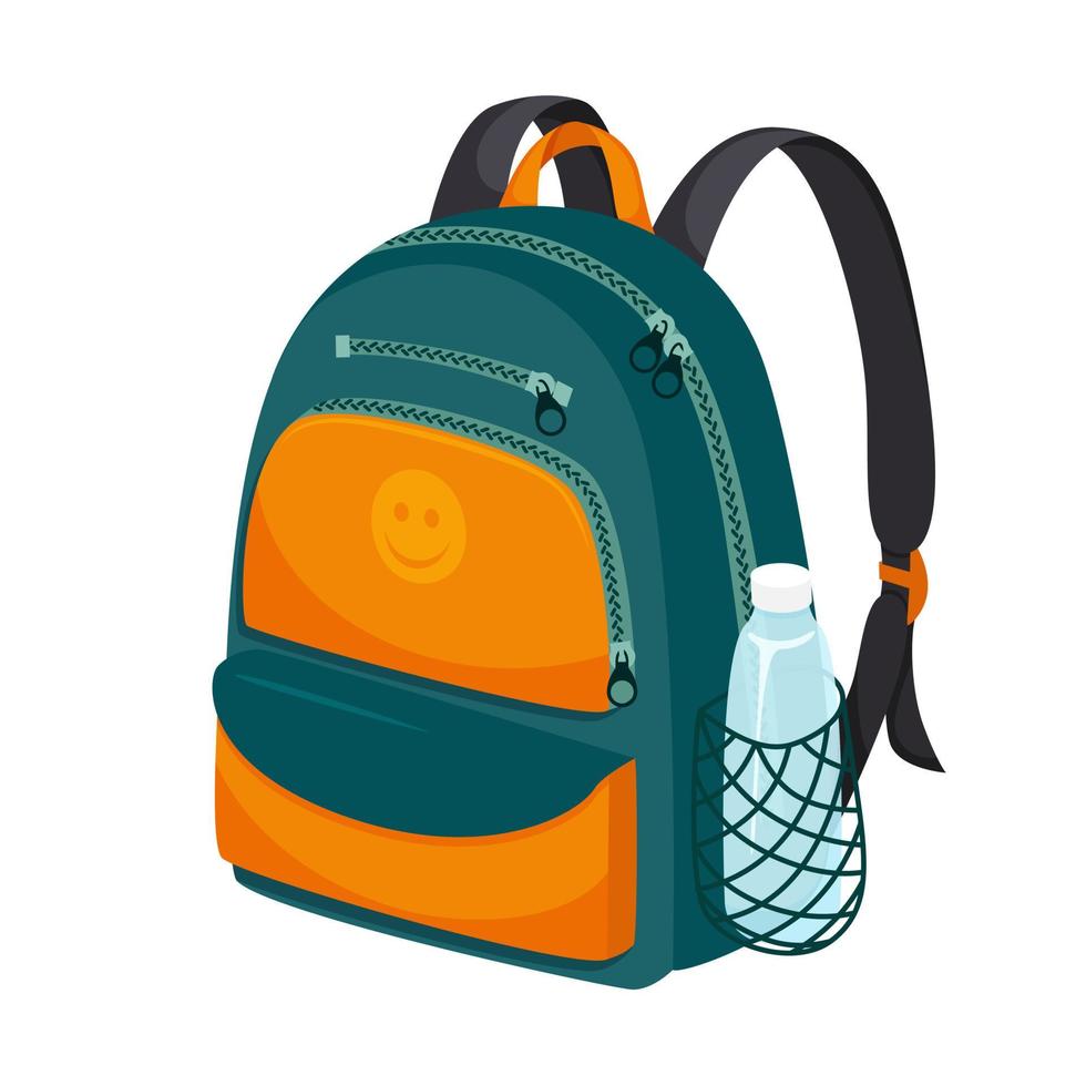 zaino per la scuola o lo sport in stile falt. con tasche con cerniera e una tasca per bottiglia d'acqua. valigetta per libri di testo. illustrazione vettoriale a colori. disegnato a mano, isolato su sfondo bianco.