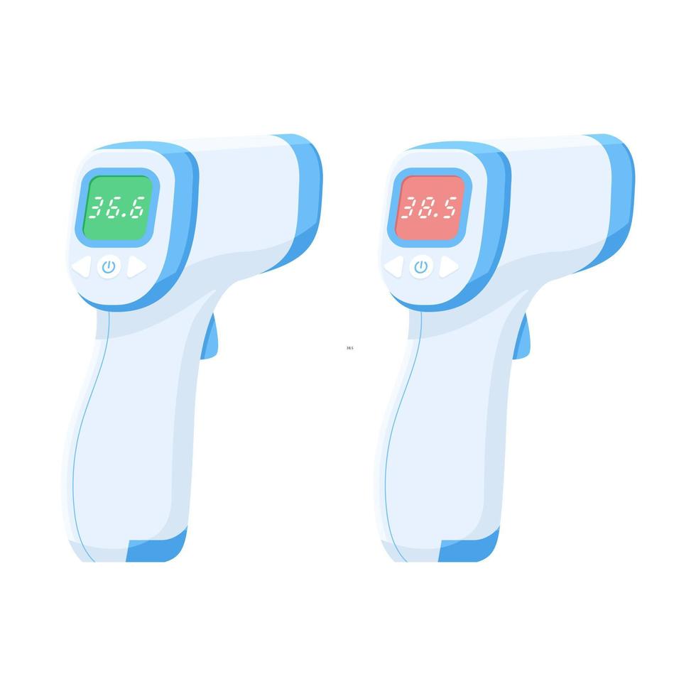 pistola termometro a infrarossi senza contatto per la fronte con standard di range di temperatura. illustrazione vettoriale eps.