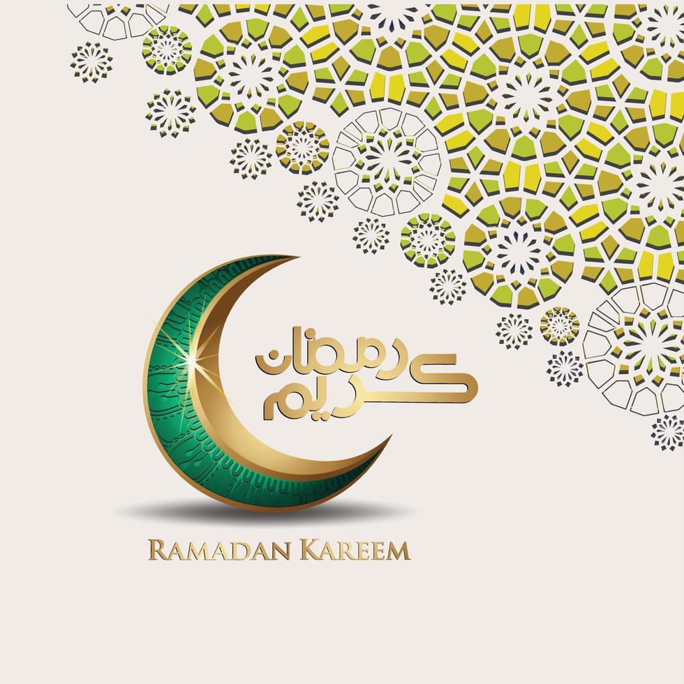 design lussuoso ed elegante ramadan kareem con calligrafia araba, luna crescente e dettagli colorati ornamentali islamici del mosaico per il saluto islamico. illustrazione vettoriale. vettore