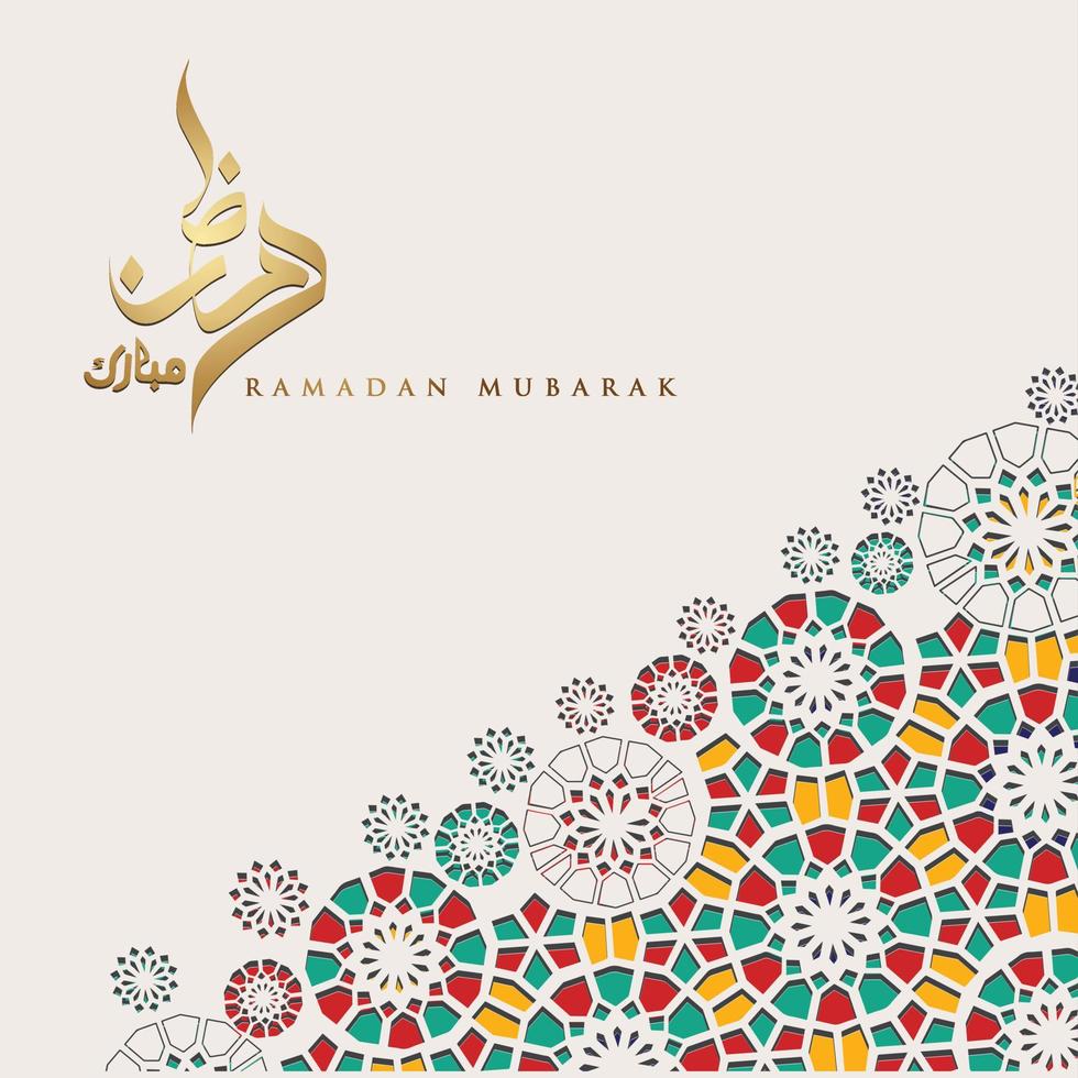 design lussuoso ed elegante ramadan kareem con calligrafia araba e dettagli colorati ornamentali islamici del mosaico per il saluto islamico. illustrazione vettoriale. vettore