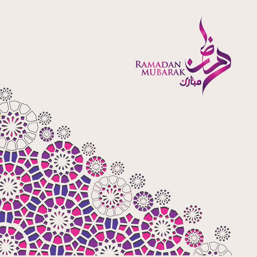 design lussuoso ed elegante ramadan kareem con calligrafia araba e dettagli colorati ornamentali islamici del mosaico per il saluto islamico. illustrazione vettoriale. vettore