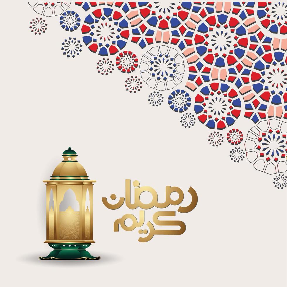 design lussuoso ed elegante ramadan kareem con calligrafia araba, lanterna tradizionale e dettagli colorati ornamentali islamici del mosaico per il saluto islamico. illustrazione vettoriale. vettore