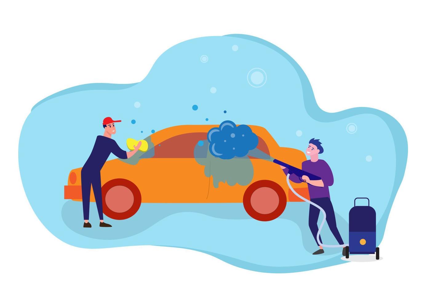 dipendenti di sesso maschile che aiutano a lavare le auto, stile pulito, servizio auto. illustrazione vettoriale. vettore