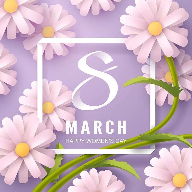 Arte di carta della calligrafia e del fiore della festa della donna dell&#39;8 marzo nei toni viola vettore