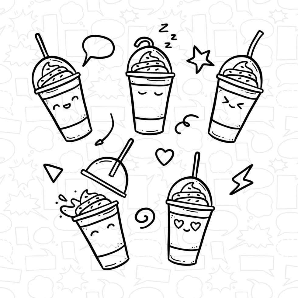 la tazza sveglia di scarabocchio disegnato a mano dei frullati del milkshake beve l'illustrazione della mascotte del fumetto vettore