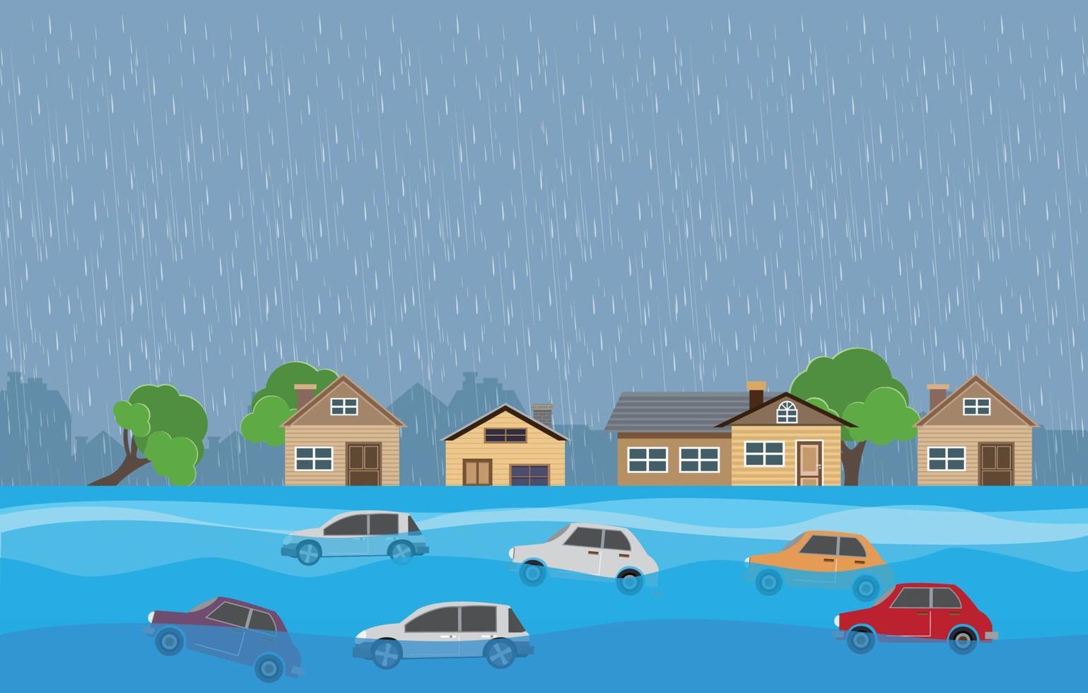 alluvione disastro naturale con casa, forti piogge e tempesta, danni a casa, nuvole e pioggia, inondazioni in città, casa allagata. vettore