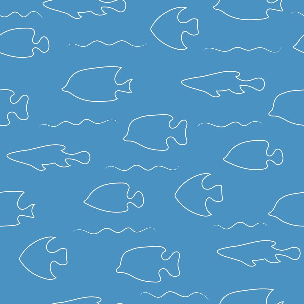 modello semplice blu senza cuciture con pesci e onde. semplice sfondo marino vettore