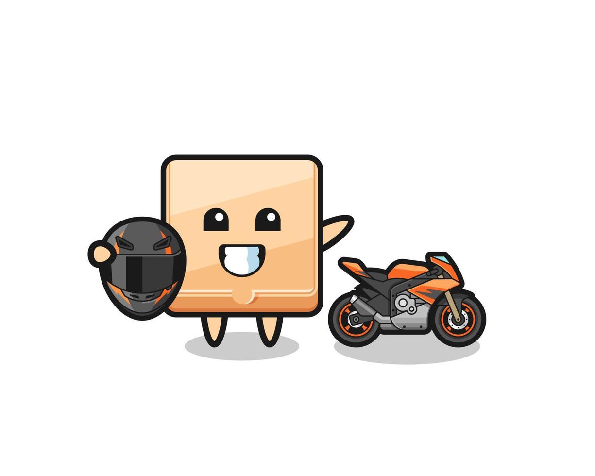 simpatico cartone animato con scatola per pizza come pilota di motociclette vettore