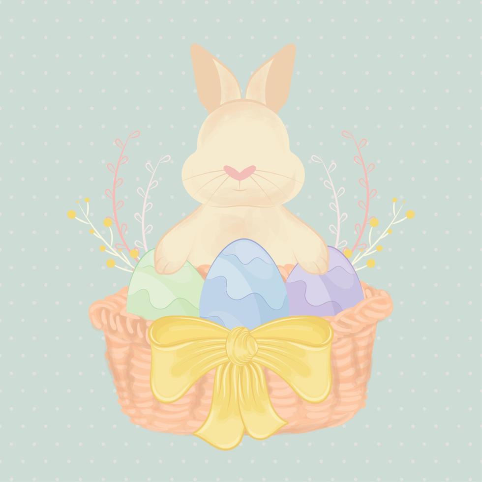 simpatico coniglio che si prende cura delle uova di Pasqua su un cesto di legno vettore di Pasqua