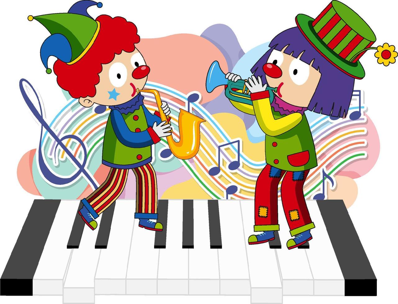 simpatico clown che suona musica con note musicali al pianoforte vettore