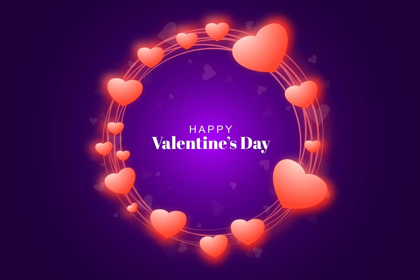 Cornice lucida con cuori per San Valentino su sfondo viola incandescente vettore