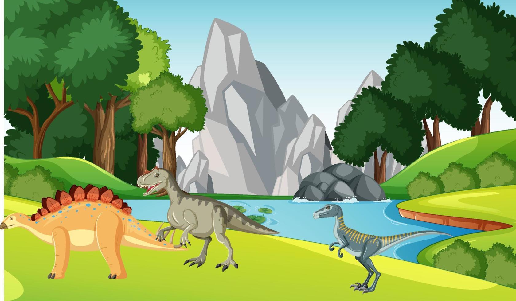 scena della natura con alberi sulle montagne con dinosauro vettore