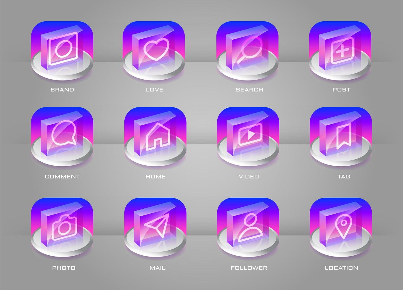 Social media trasparente con set di icone colorate gradiente 3D vettore