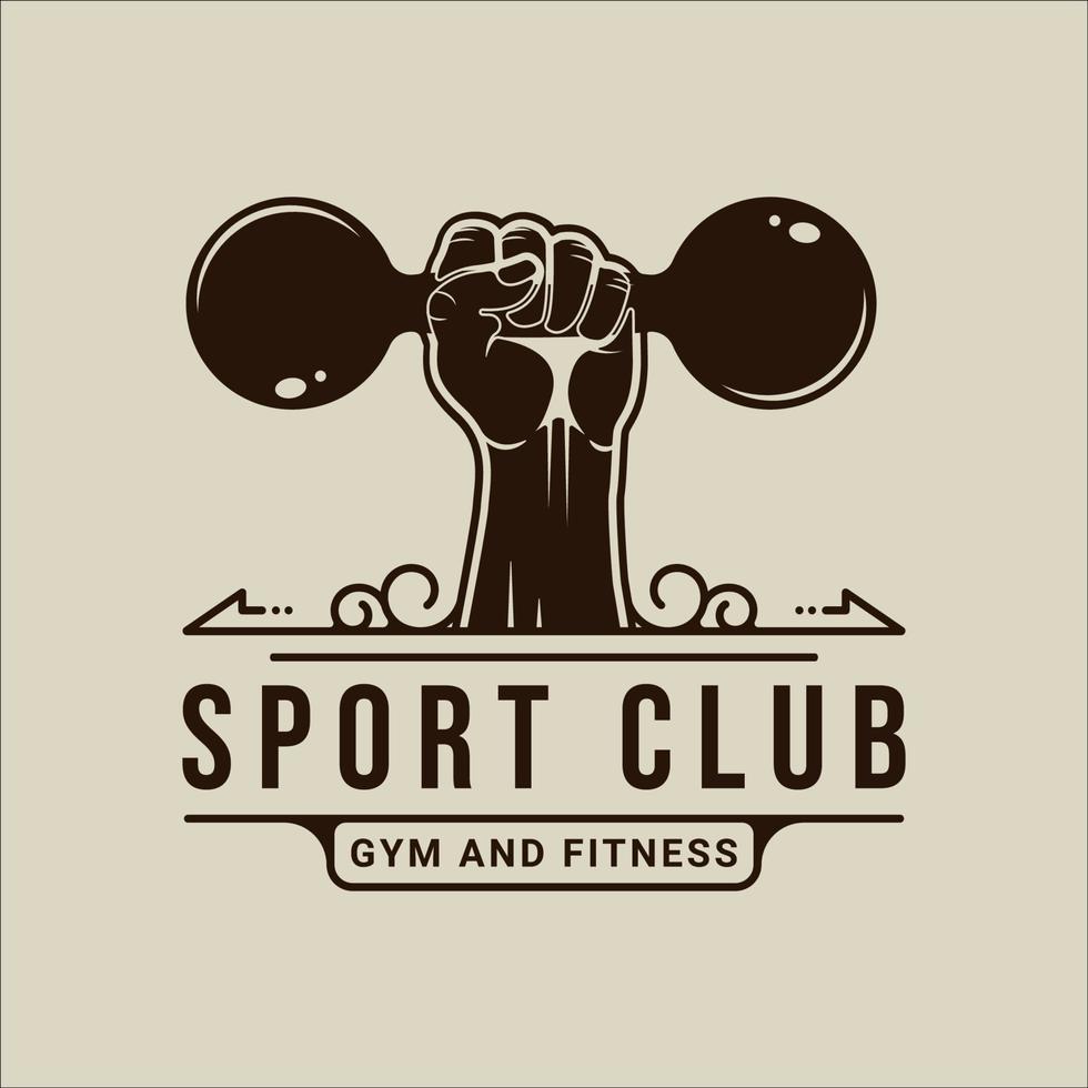 pugno a mano e bilanciere o logo con manubrio vettore illustrazione vintage modello icona graphic design. segno o simbolo di palestra o fitness per attività sportive con stile retrò