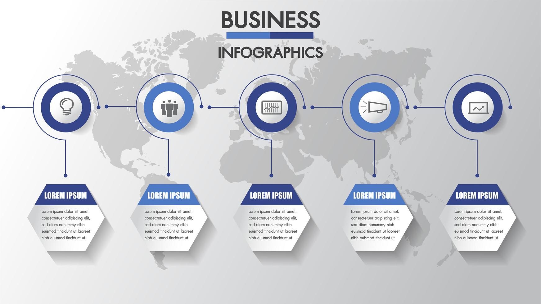 Cronologia di infographics di affari con 6 passaggi di cerchio ed esagono vettore