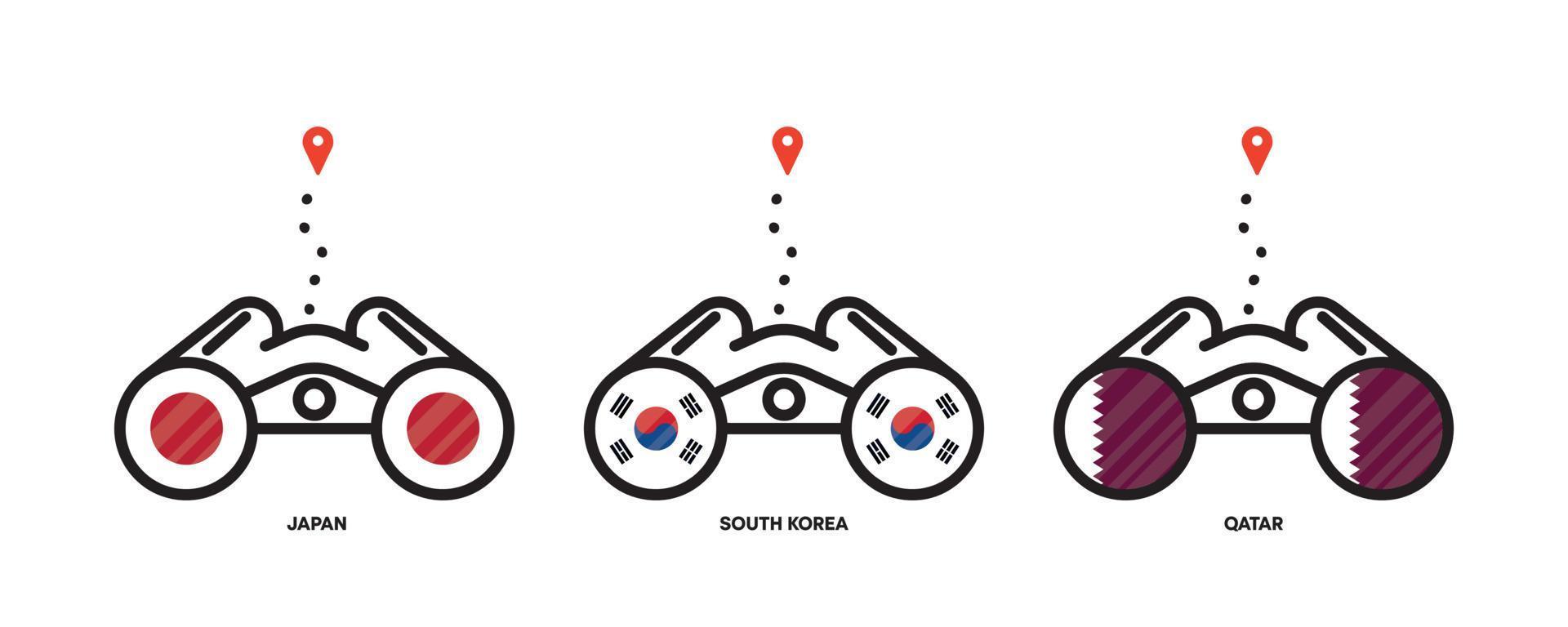 icone di posizione delle bandiere di paesi. visualizzazione delle posizioni dei paesi con il binocolo, icone di posizione per i viaggi. bandiere del giappone, della corea del sud, del qatar. tratto modificabile. vettore