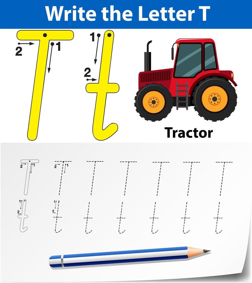 Fogli di lavoro di alfabeto di tracciamento della lettera T. vettore