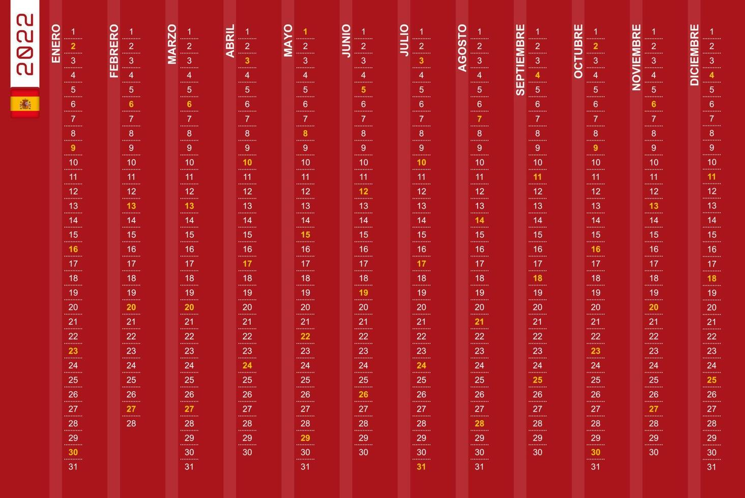 calendario verticale a una riga per l'anno 2022 in spagnolo. calendario spagnolo per il 2022 con le domeniche in evidenza. vettore