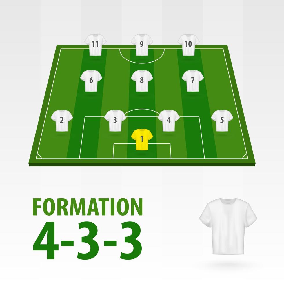 formazioni calciatori, formazione 4-3-3. mezzo stadio di calcio. vettore