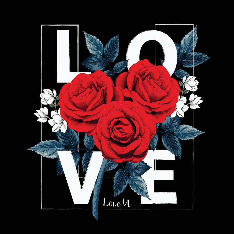 ti amo con fiori di rosa rossa bouqurt su sfondo nero isolato illustrazione vettoriale disegno a mano stile acquerello secco per t-shirt usata