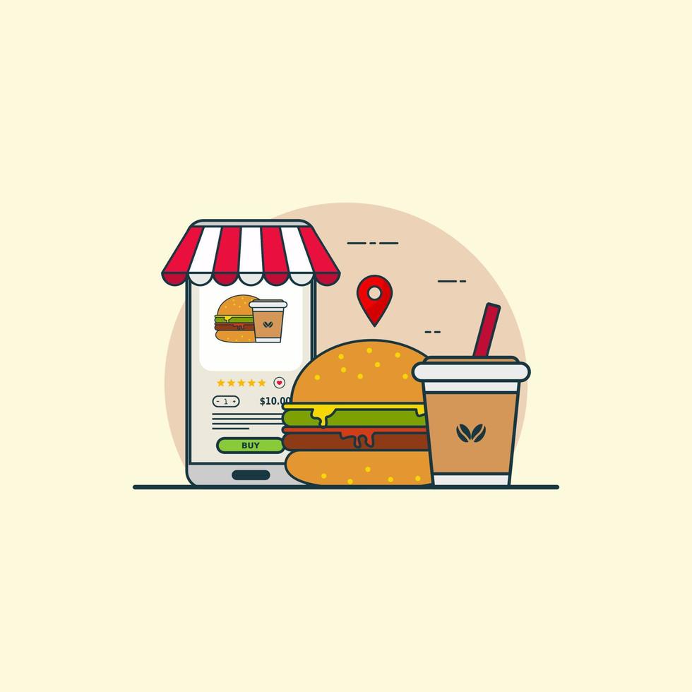 illustrazione per acquistare cibo e bevande online con il concetto di smartphone. vettore di design con stile piatto