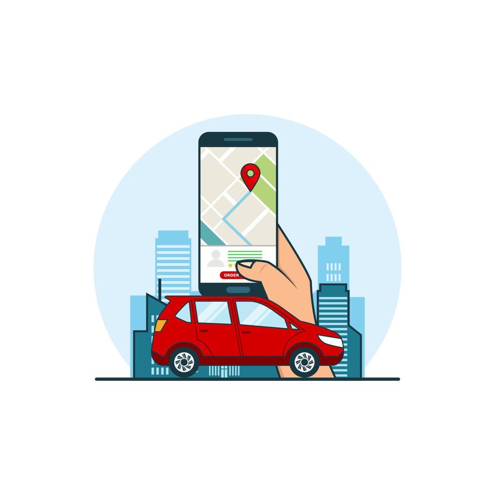 illustrazione per trovare il concetto di trasporto online con la posizione gps delle mappe dello smartphone. vettore di design con stile piatto