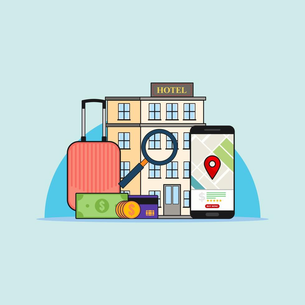 illustrazione per trovare il concetto di hotel online con la posizione gps delle mappe dello smartphone. vettore di design con stile piatto