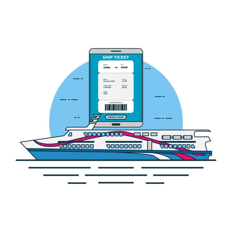 illustrazione per acquistare il biglietto della nave online con il concetto di smartphone. vettore di design con stile piatto