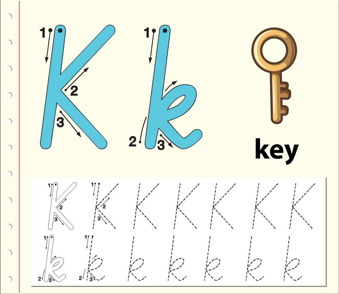 Fogli di lavoro di alfabeto di tracciamento della lettera K. vettore
