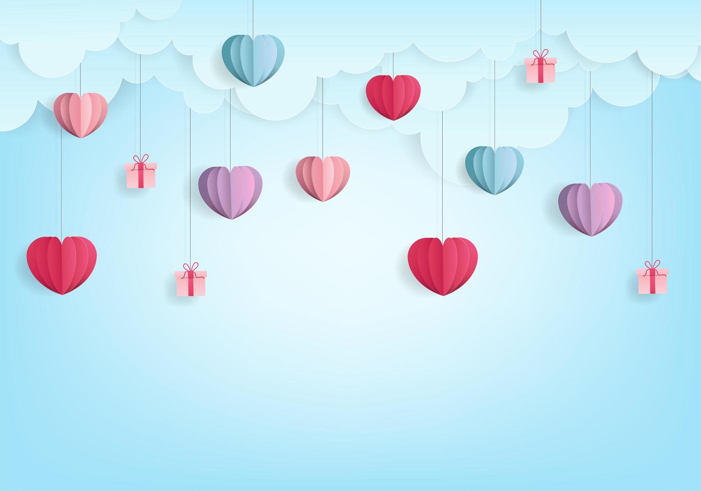 La carta del pallone del cuore di San Valentino ha tagliato lo stile sul fondo del cielo blu vettore