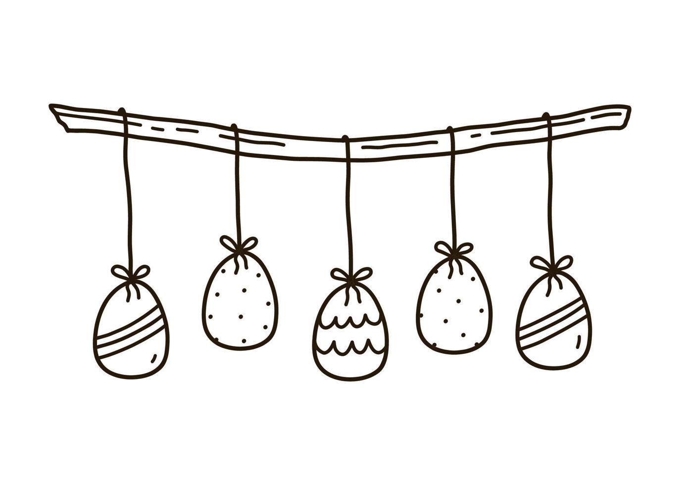 arredamento festivo con uova di Pasqua appese isolate su sfondo bianco. illustrazione disegnata a mano di vettore in stile doodle. perfetto per disegni, biglietti, loghi, decorazioni per le vacanze.